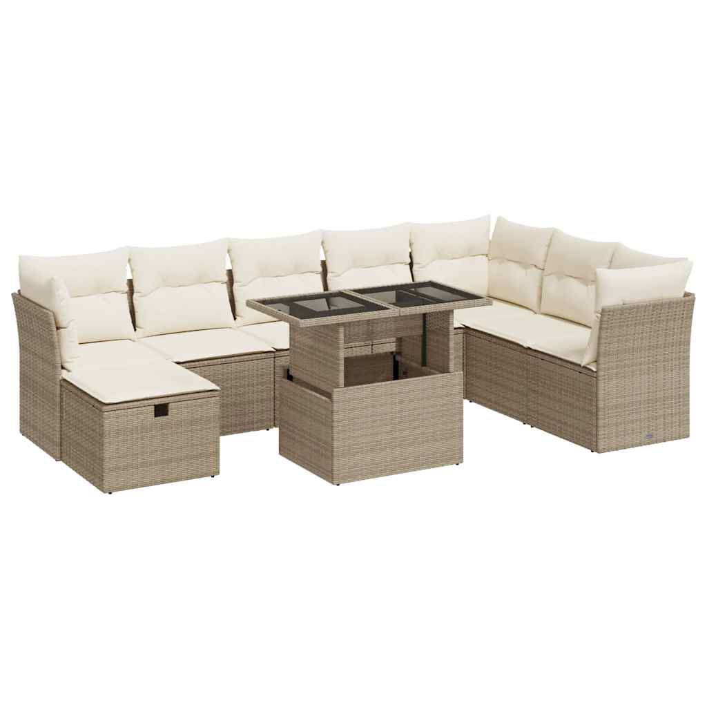 9-delige Loungeset met kussens poly rattan beige