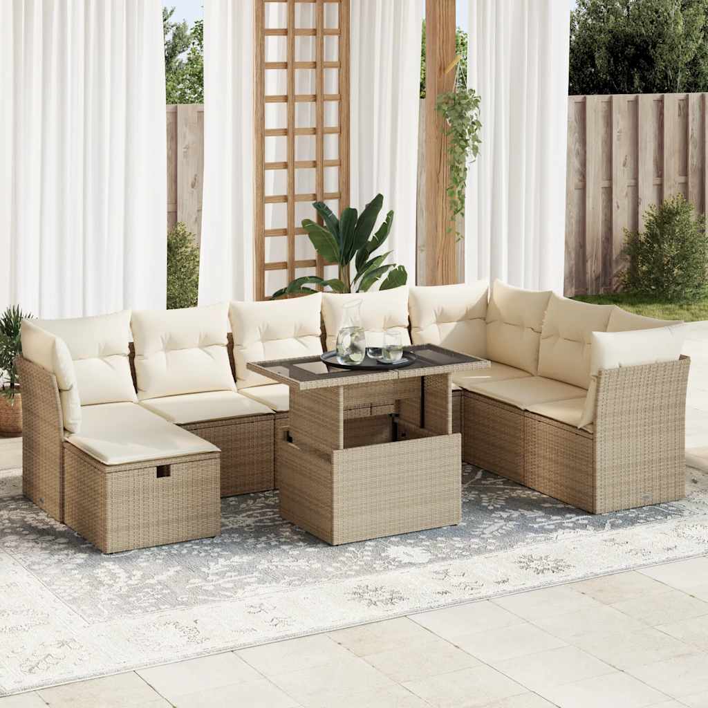 9-delige Loungeset met kussens poly rattan beige