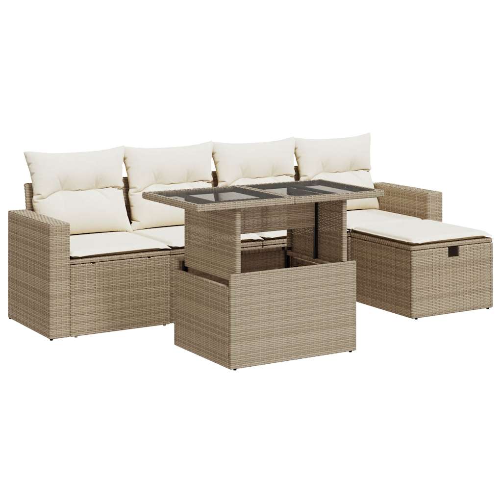 6-delige Loungeset met kussens poly rattan beige