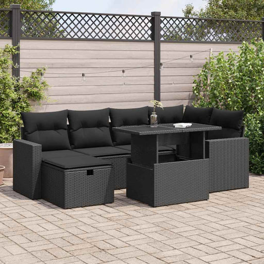 7-delige Loungeset met kussens poly rattan zwart