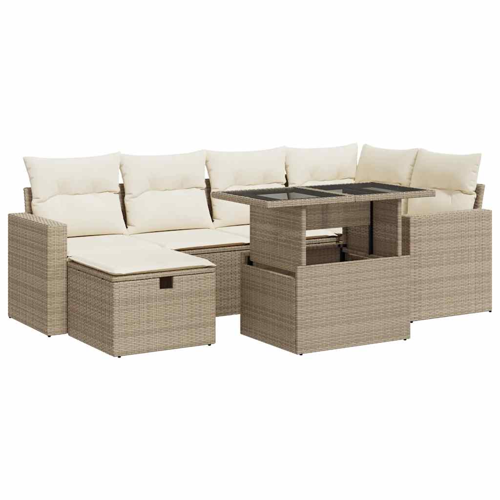 7-delige Loungeset met kussens poly rattan beige