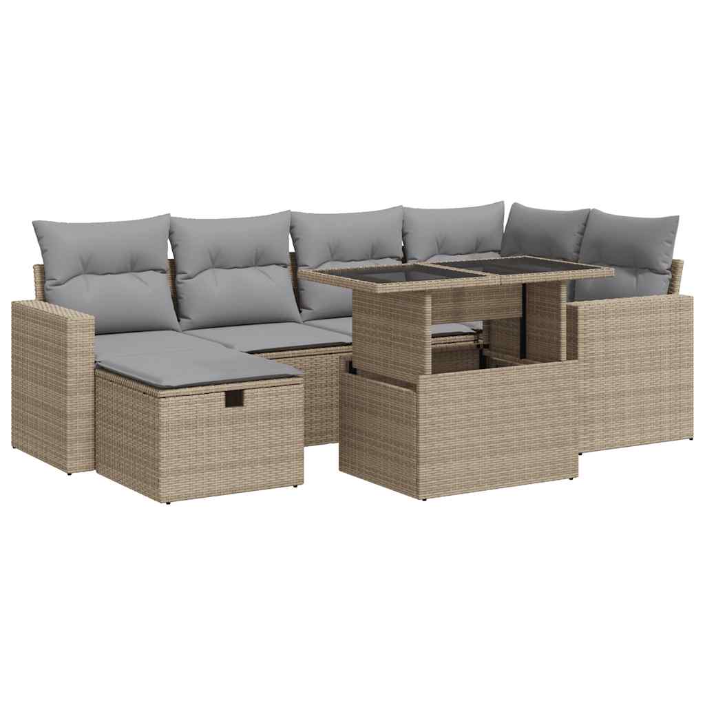 7-delige Loungeset met kussens poly rattan beige