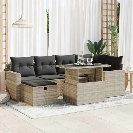 7-delige Loungeset met kussens poly rattan lichtgrijs