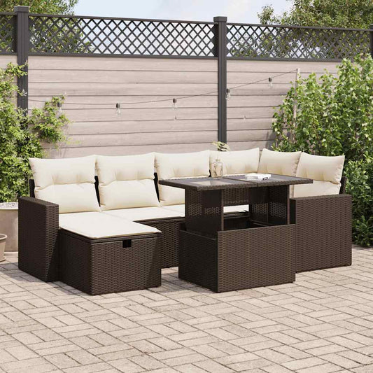 7-delige Loungeset met kussens poly rattan bruin