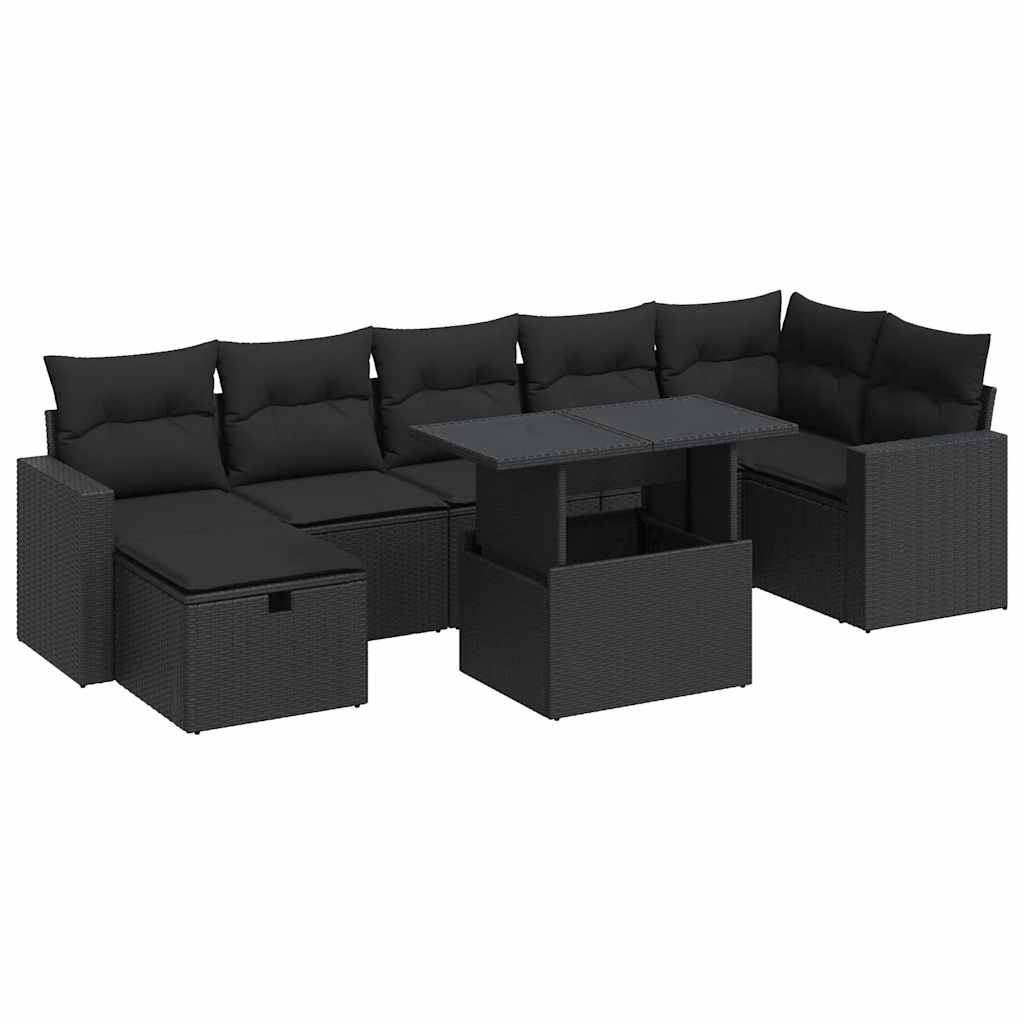 8-delige Loungeset met kussens poly rattan zwart