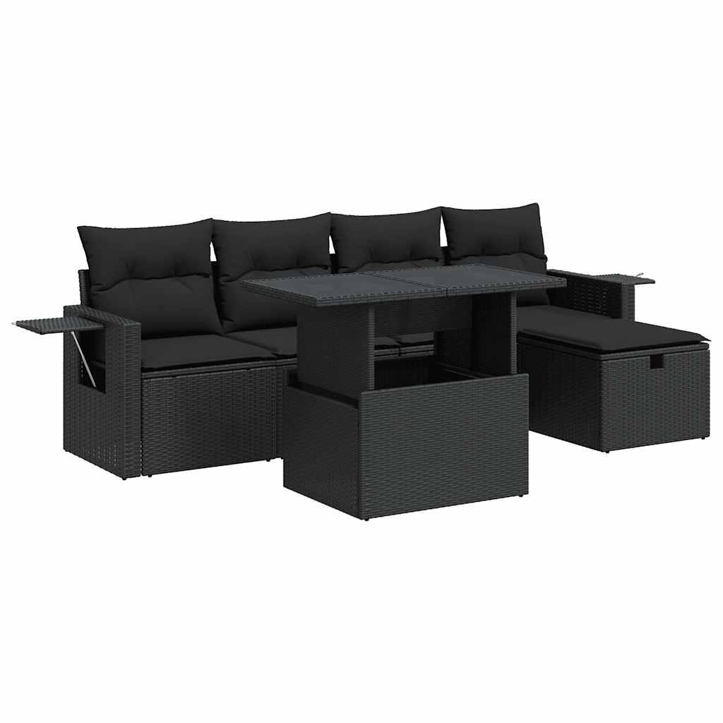 6-delige Loungeset met kussens poly rattan zwart