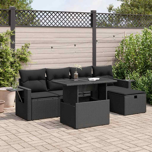 6-delige Loungeset met kussens poly rattan zwart