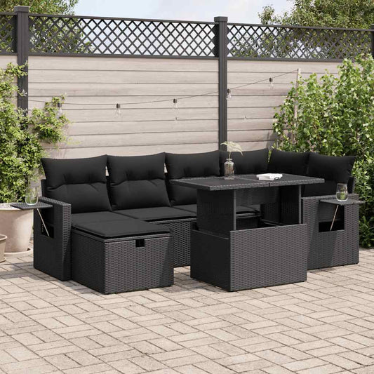 7-delige Loungeset met kussens poly rattan zwart