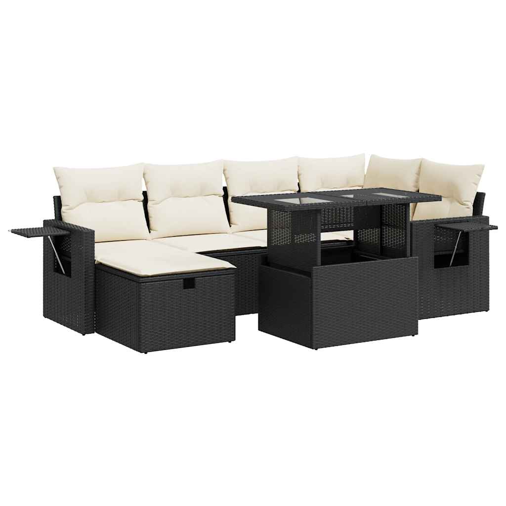 7-delige Loungeset met kussens poly rattan zwart