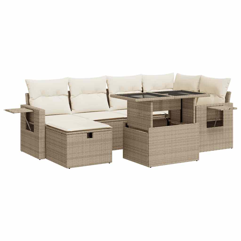 7-delige Loungeset met kussens poly rattan beige