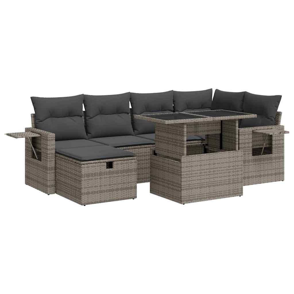 7-delige Loungeset met kussens poly rattan grijs