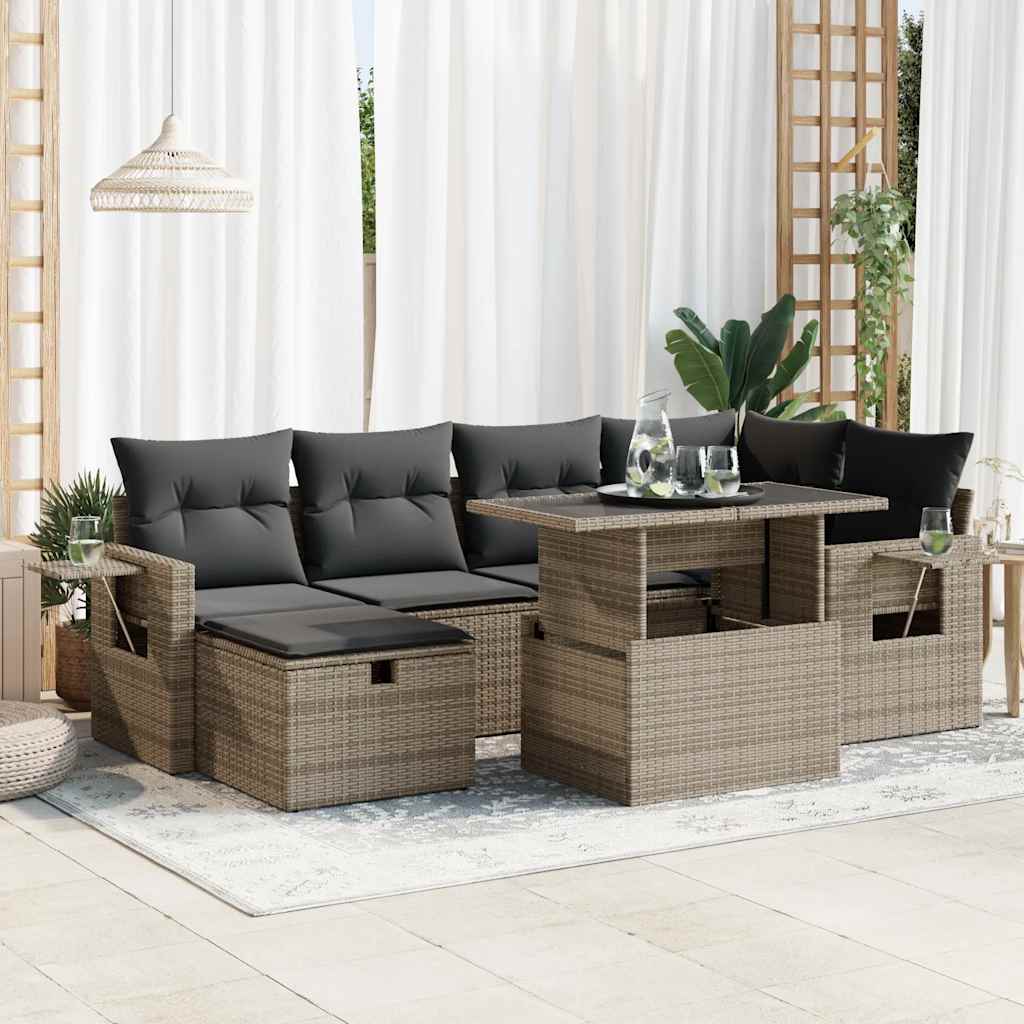 7-delige Loungeset met kussens poly rattan grijs