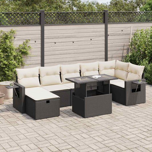 8-delige Loungeset met kussens poly rattan zwart