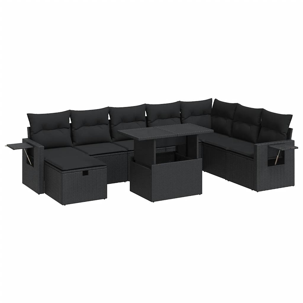 9-delige Loungeset met kussens poly rattan zwart