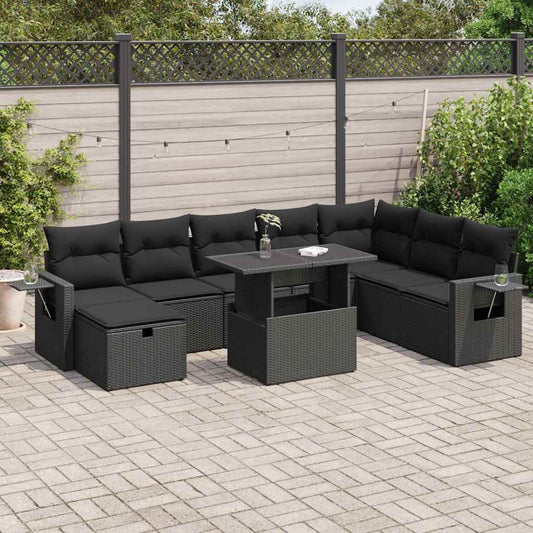 9-delige Loungeset met kussens poly rattan zwart