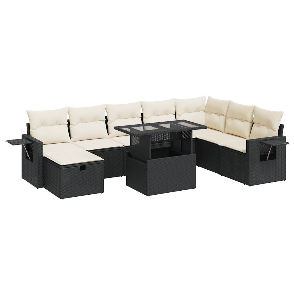 9-delige Loungeset met kussens poly rattan zwart