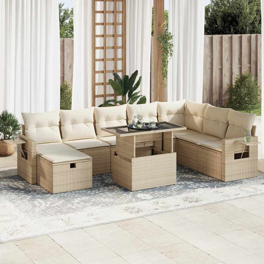 9-delige Loungeset met kussens poly rattan beige