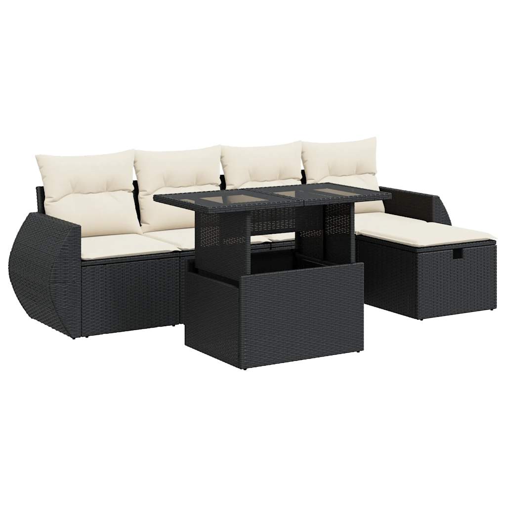 6-delige Loungeset met kussens poly rattan zwart