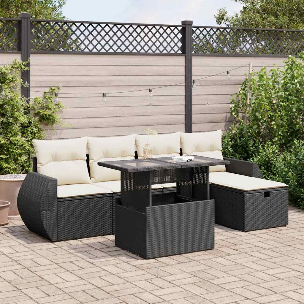 6-delige Loungeset met kussens poly rattan zwart