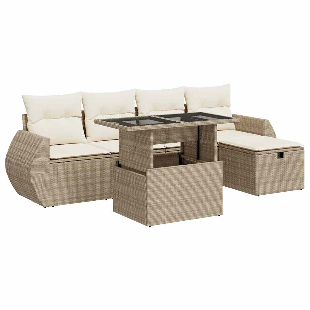 6-delige Loungeset met kussens poly rattan beige