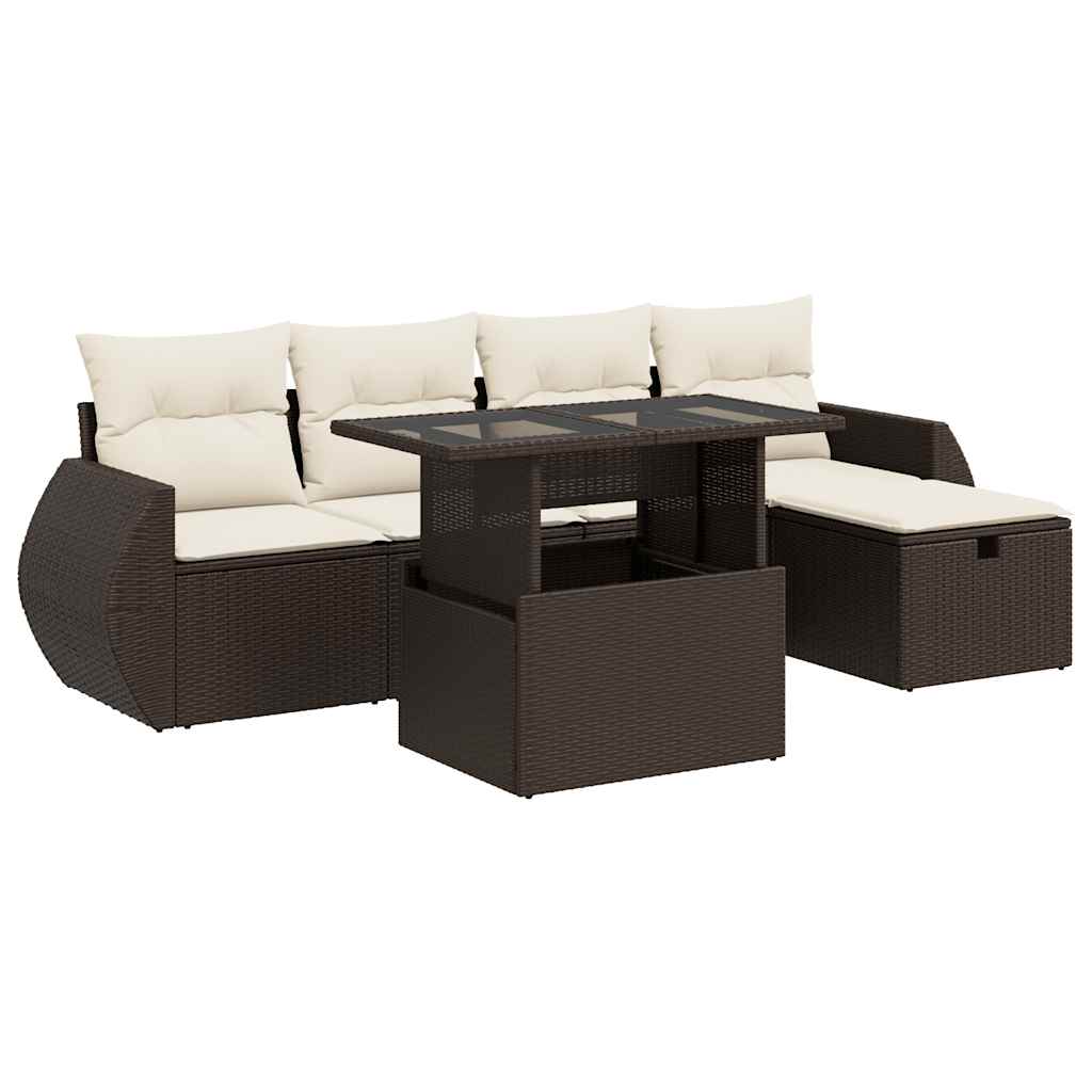 6-delige Loungeset met kussens poly rattan bruin