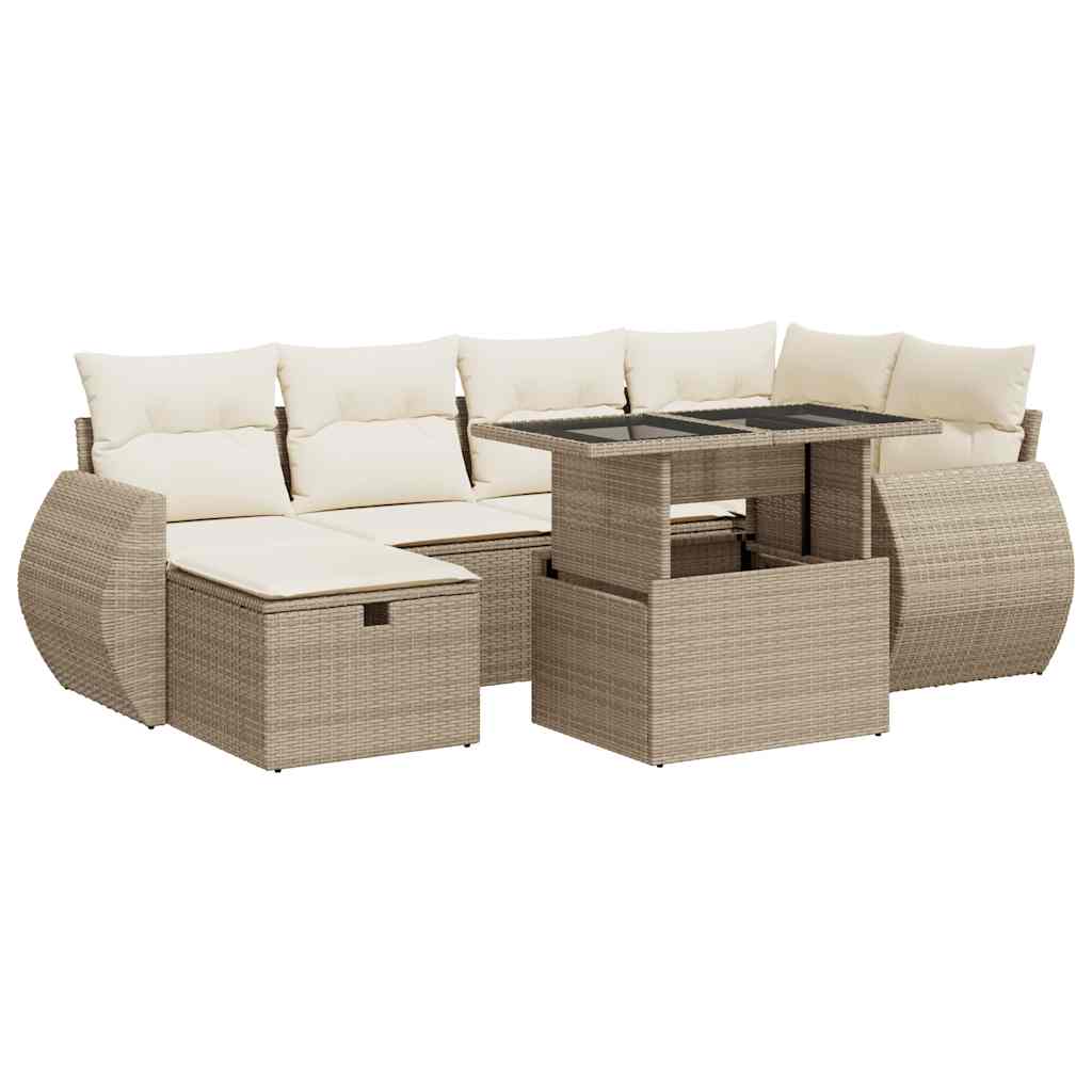 7-delige Loungeset met kussens poly rattan beige