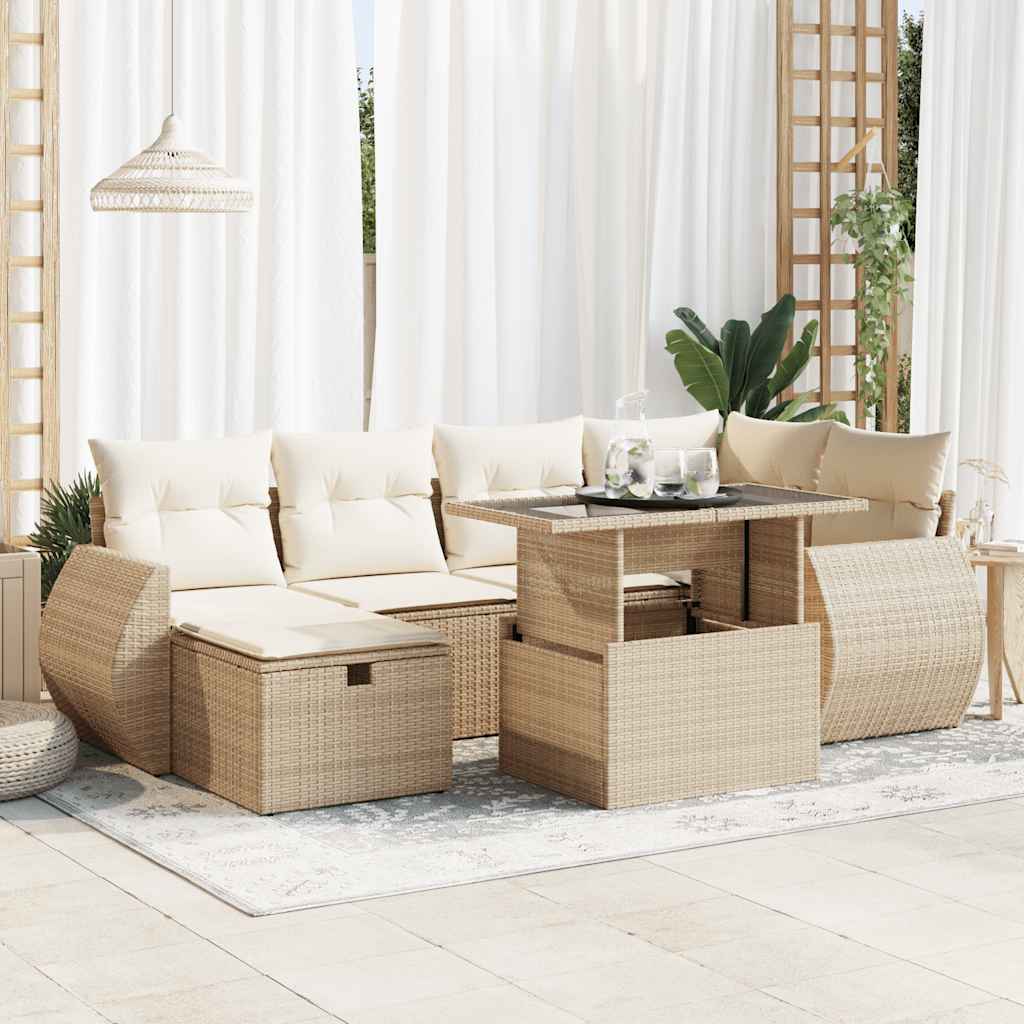 7-delige Loungeset met kussens poly rattan beige