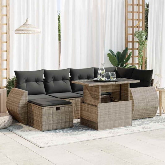 7-delige Loungeset met kussens poly rattan grijs