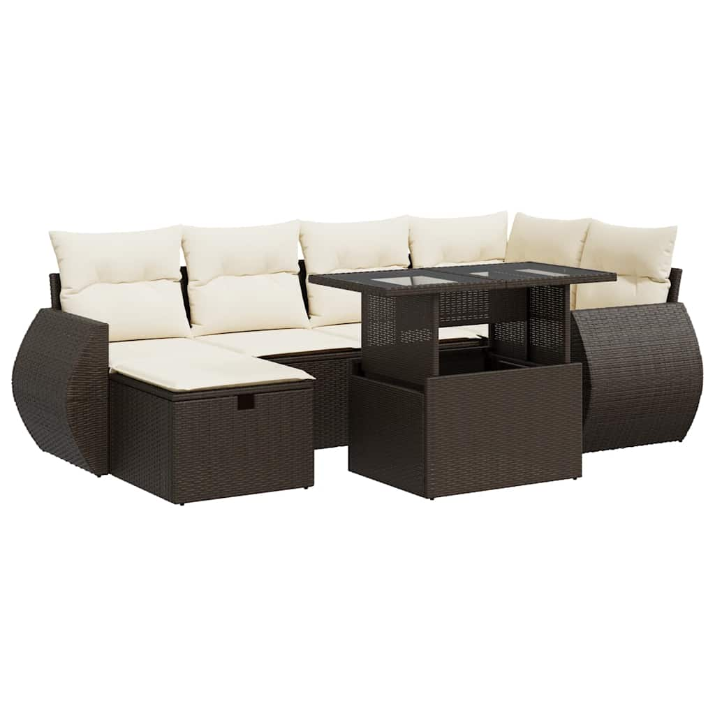 7-delige Loungeset met kussens poly rattan bruin