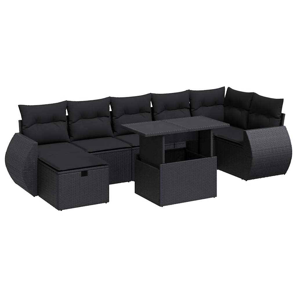 8-delige Loungeset met kussens poly rattan zwart