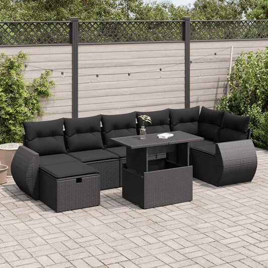 8-delige Loungeset met kussens poly rattan zwart