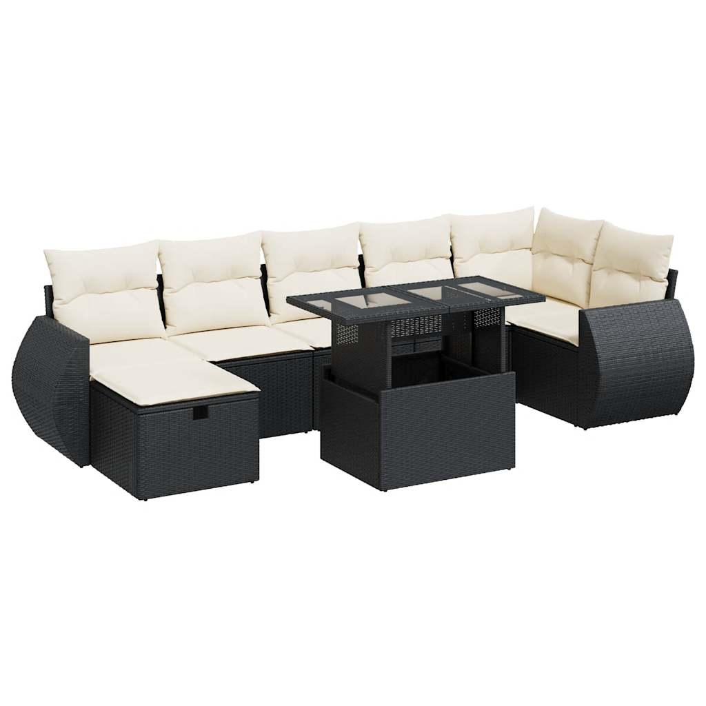 8-delige Loungeset met kussens poly rattan zwart