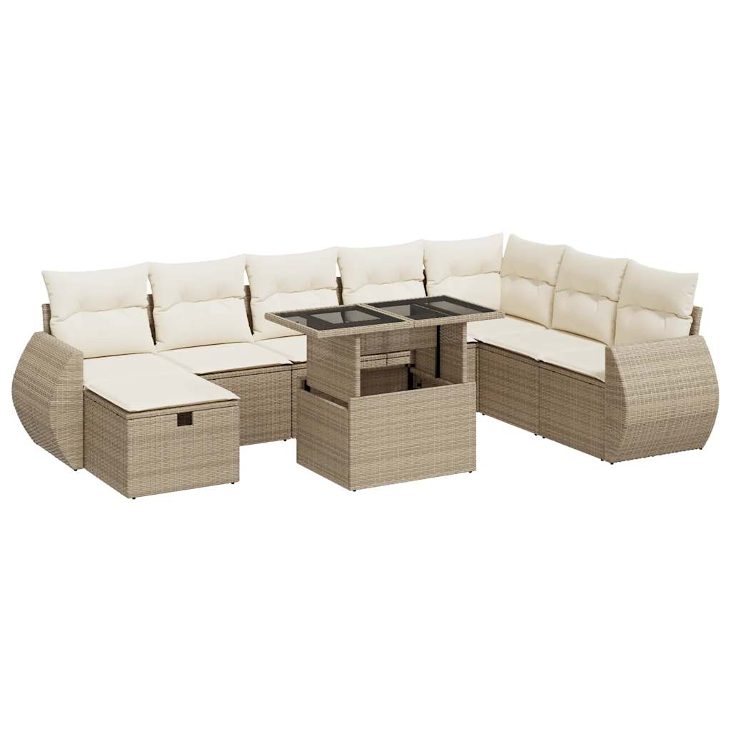 9-delige Loungeset met kussens poly rattan beige