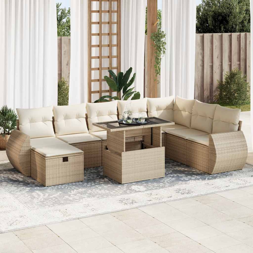 9-delige Loungeset met kussens poly rattan beige