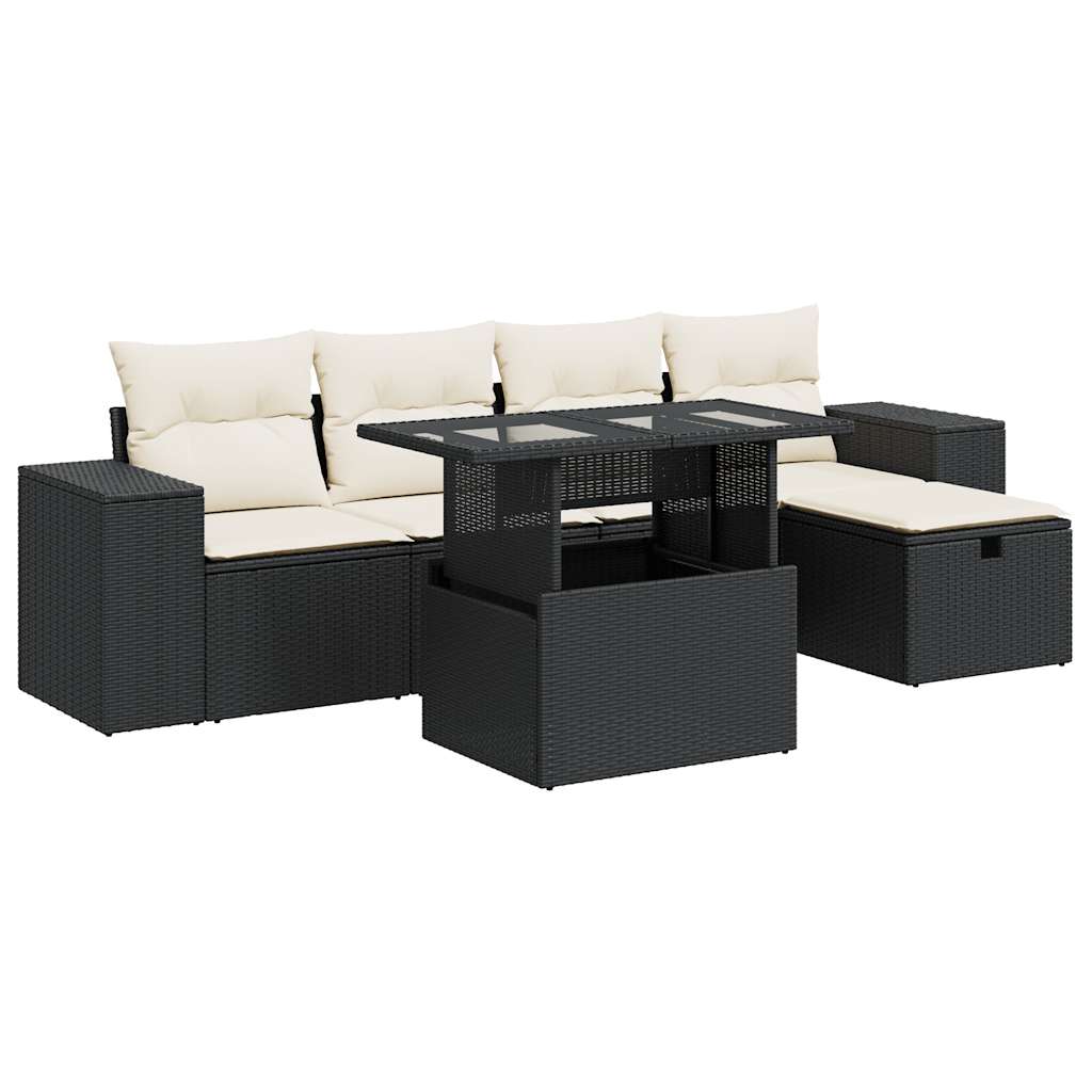 6-delige Loungeset met kussens poly rattan zwart