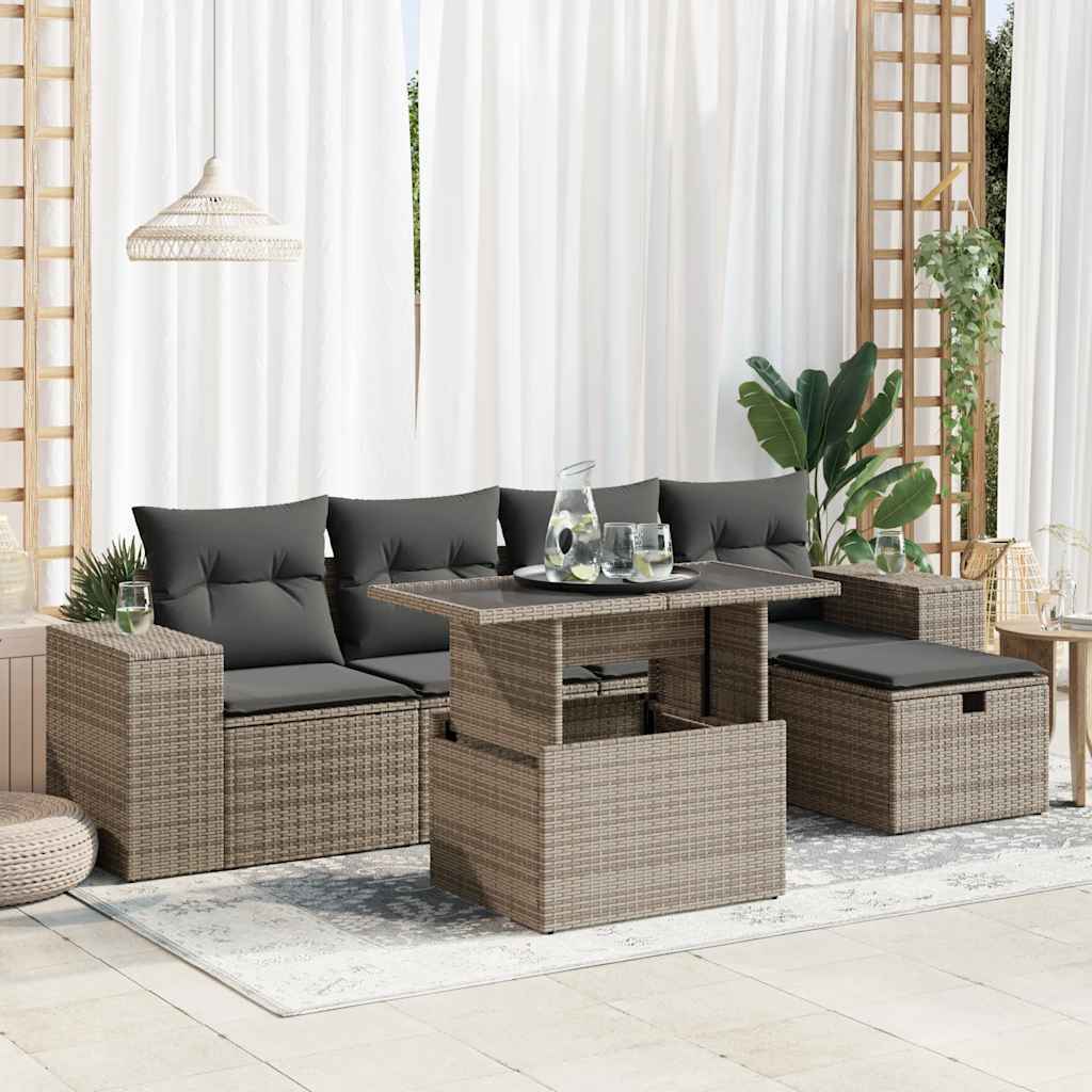 6-delige Loungeset met kussens poly rattan grijs