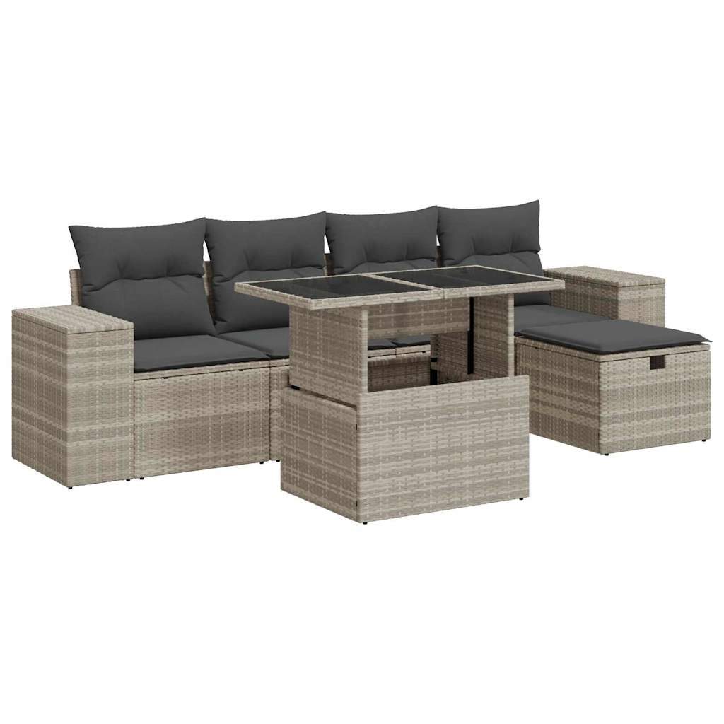 6-delige Loungeset met kussens poly rattan lichtgrijs