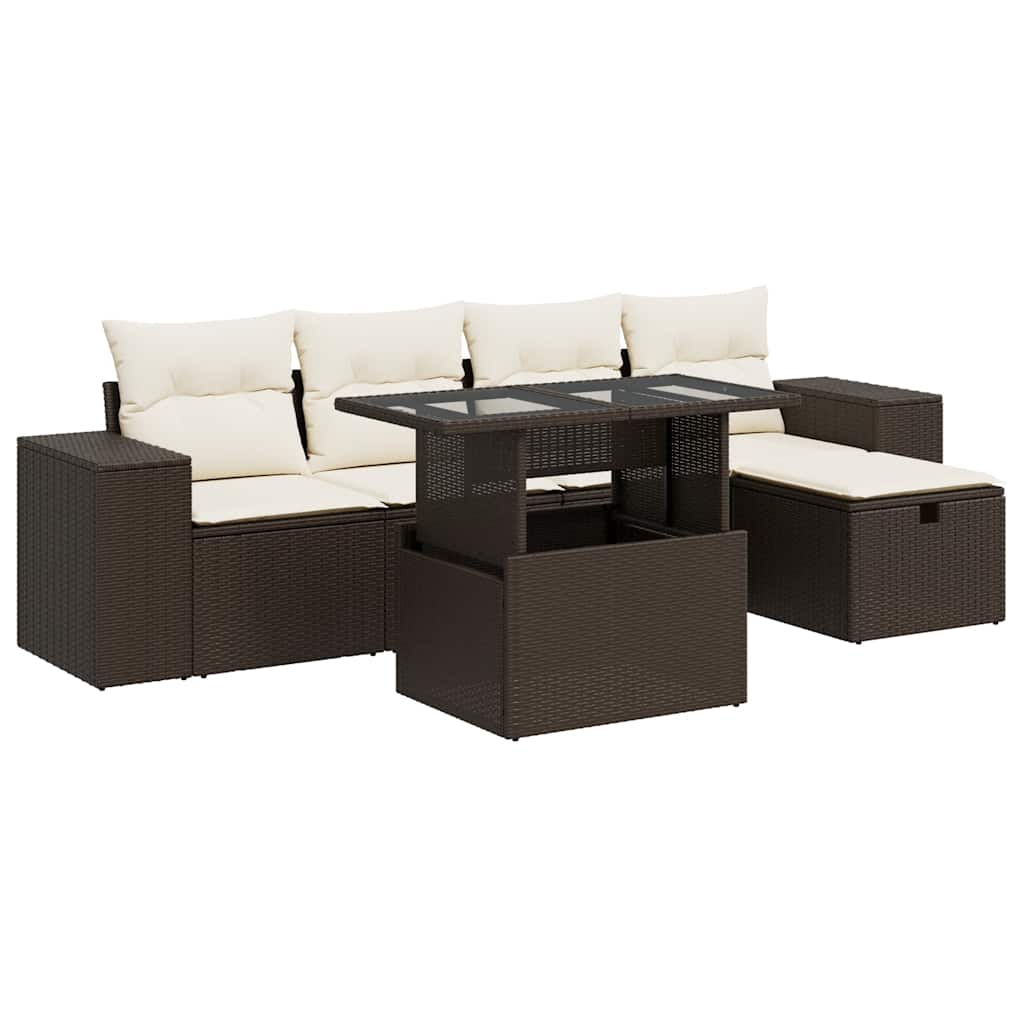 6-delige Loungeset met kussens poly rattan bruin