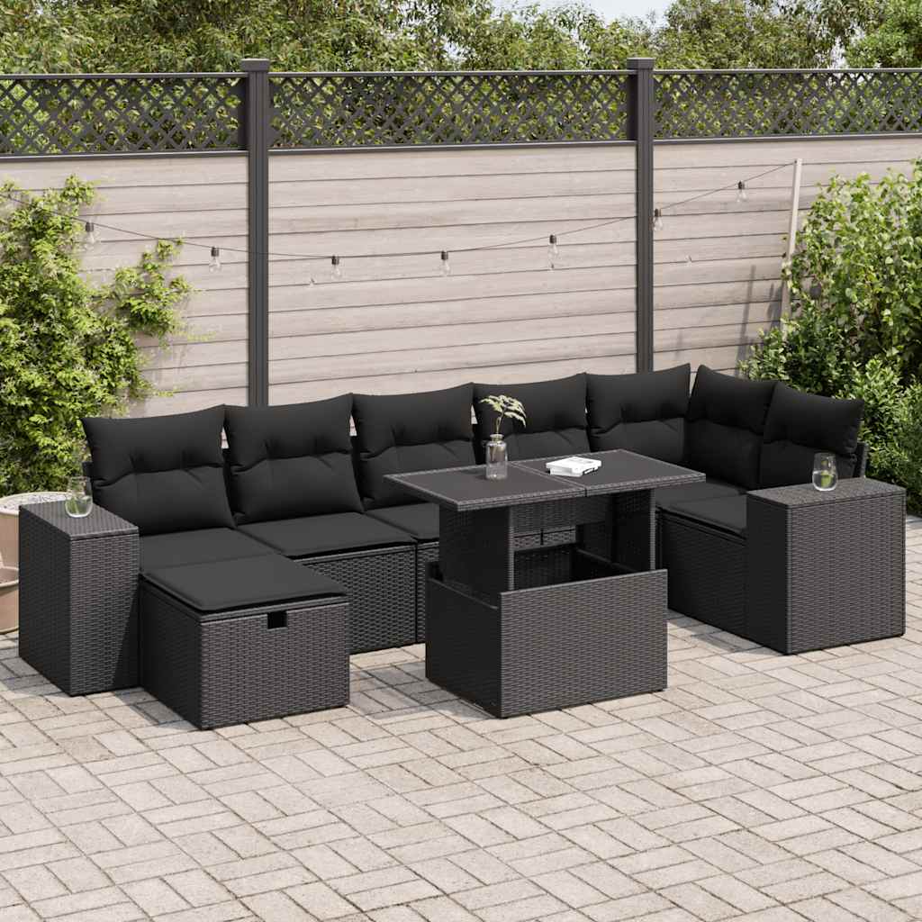 5-delige Loungeset met kussens poly rattan zwart