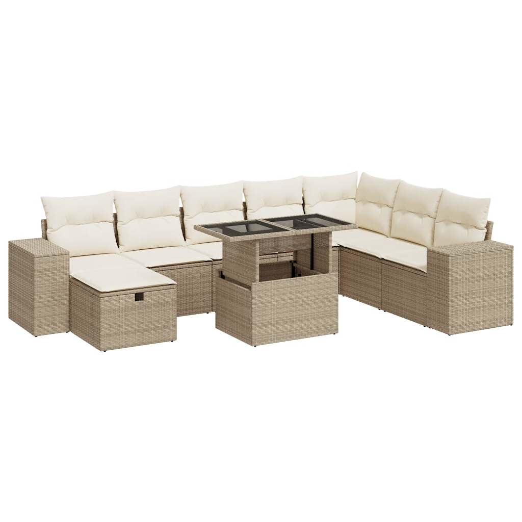 9-delige Loungeset met kussens poly rattan beige