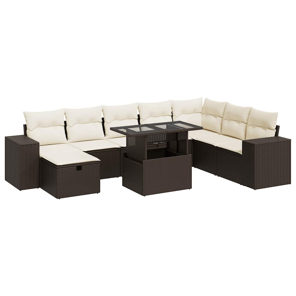 9-delige Loungeset met kussens poly rattan bruin