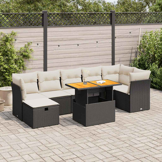 8-delige Loungeset met kussens poly rattan acacia zwart