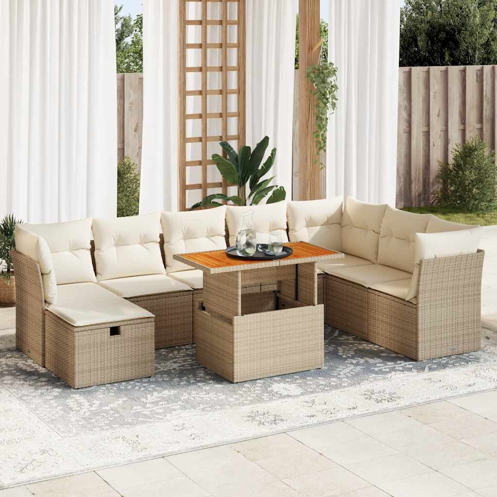 9-delige Loungeset met kussens poly rattan acacia beige