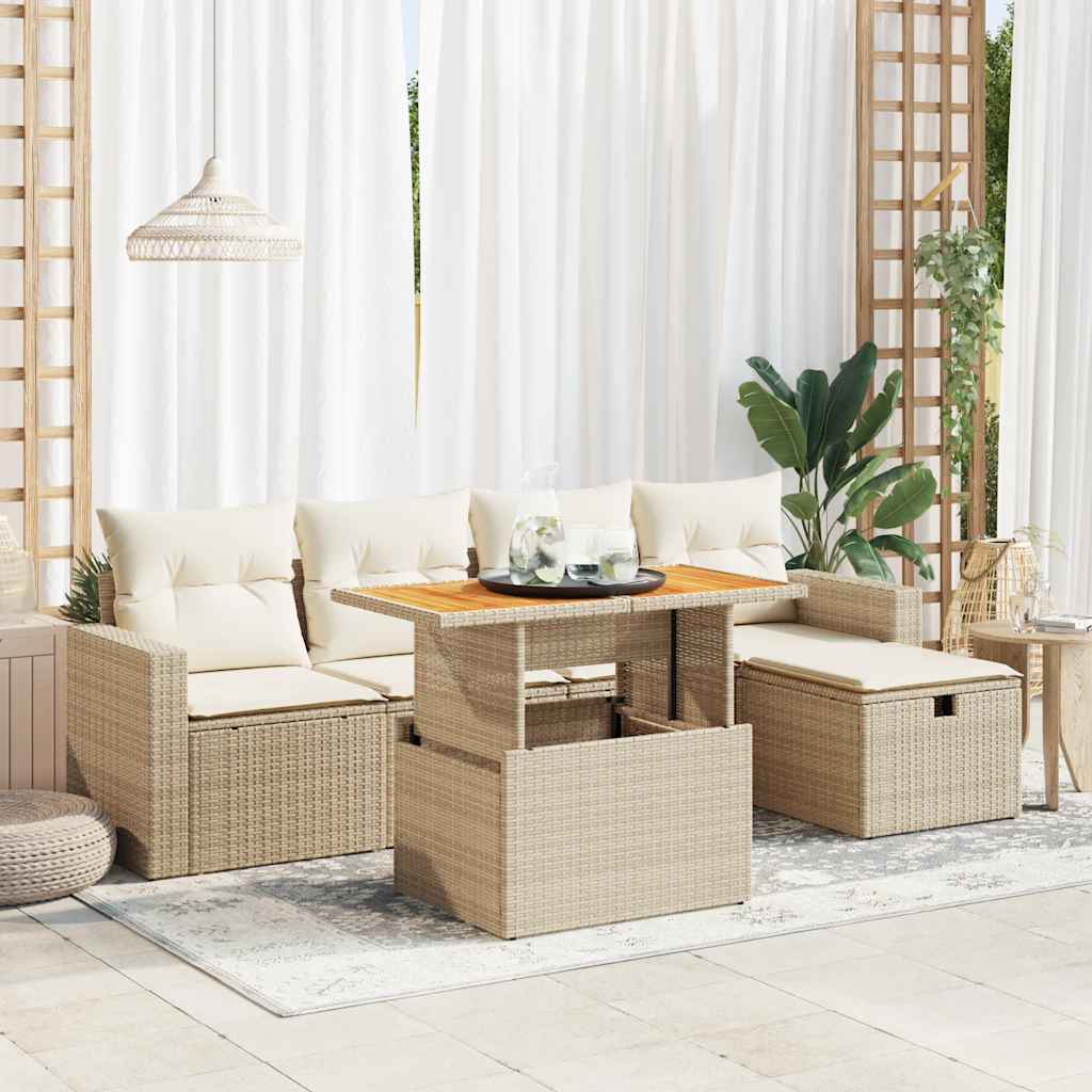 6-delige Loungeset met kussens poly rattan acacia beige