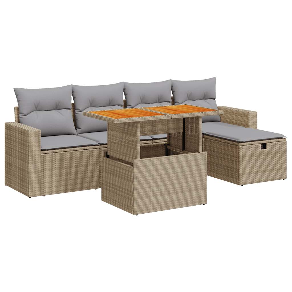 6-delige Loungeset met kussens poly rattan acacia beige