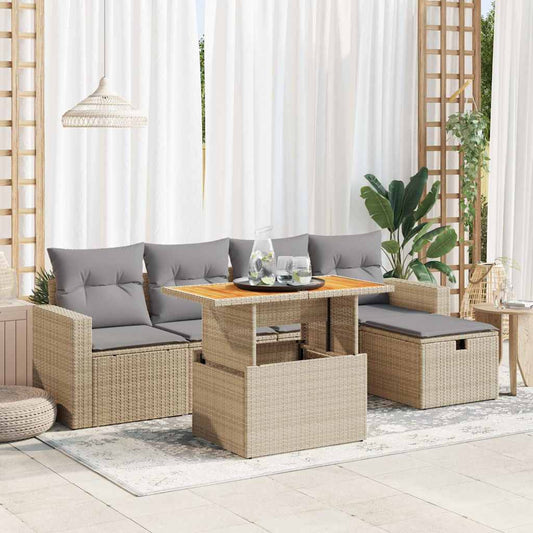 6-delige Loungeset met kussens poly rattan acacia beige