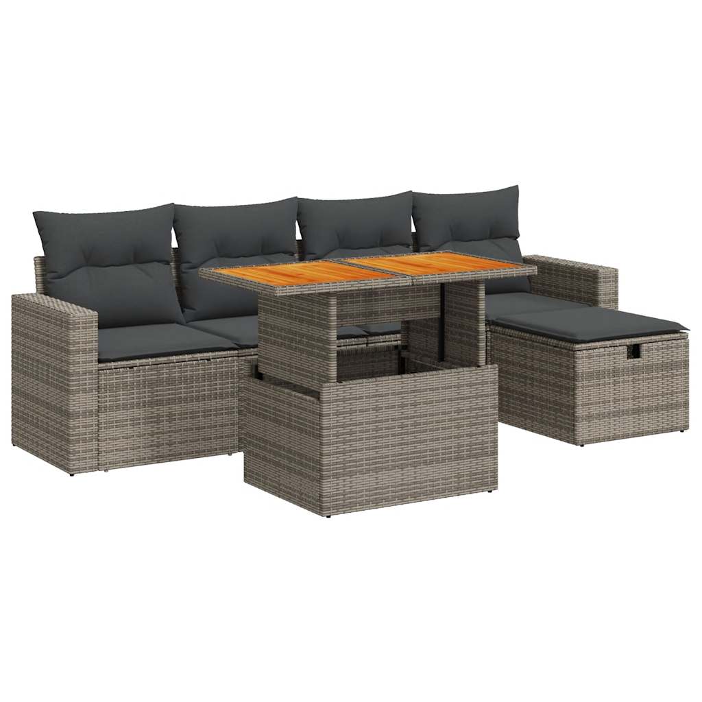 6-delige Loungeset met kussens poly rattan acacia grijs