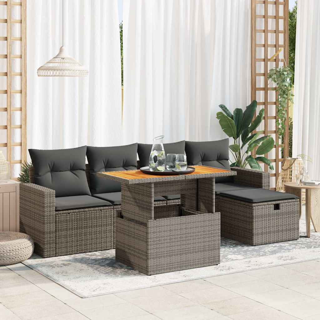 6-delige Loungeset met kussens poly rattan acacia grijs