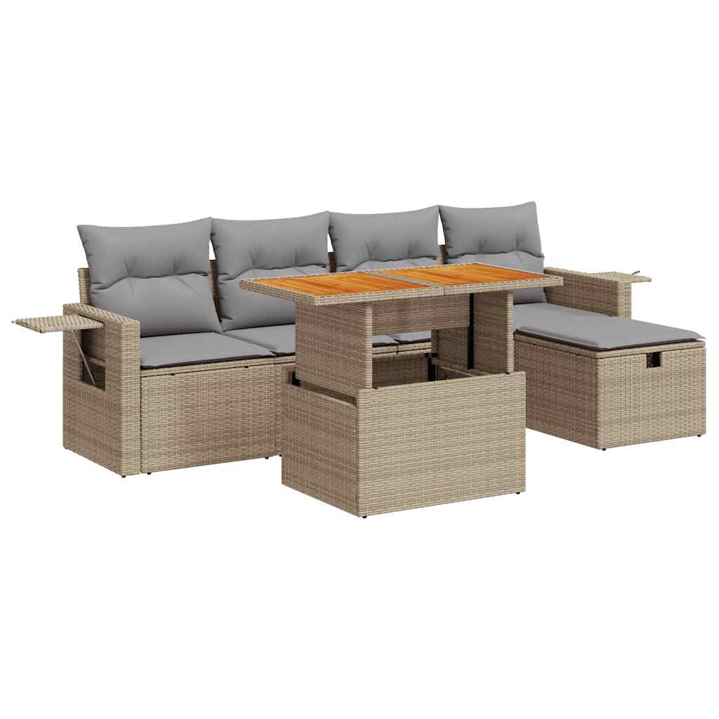 6-delige Loungeset met kussens poly rattan acacia beige