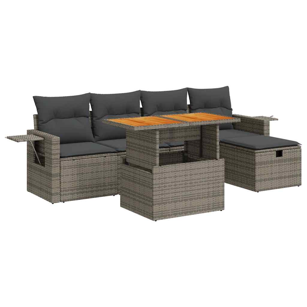 6-delige Loungeset met kussens poly rattan acacia grijs